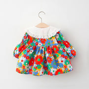 ワンピース 子供服 ベビー キッズ 女の子 長袖 ピーターパンカラー フレア 花柄 フラワー レース 可愛い おしゃれ ガーリー カラフル 前ボタン 袖口ゴム おでかけ 春服 秋服