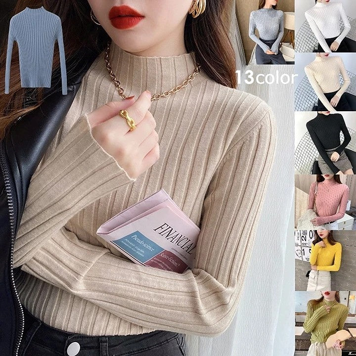 リブニット セーター ボトルネック レディース 婦人服 トップス 長袖 シンプル ハイネック 無地 単色 細身 スリム フィット おしゃれ かわいい デイリー 普段使い 通勤 オフィスファッション