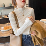 リブニット セーター ボトルネック レディース 婦人服 トップス 長袖 シンプル ハイネック 無地 単色 細身 スリム フィット おしゃれ かわいい デイリー 普段使い 通勤 オフィスファッション