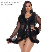 ナイトガウン ローブ シアー 透け感 フェイクファー 単品 セクシーランジェリー レディース 女性 婦人用 長袖 ルームウェア 羽織り 部屋着 シースルー ウエスト紐 前開き ふわふわ ふんわり セクシー おしゃれ かわいい ガーリー 衣装 ダンス ナイトウェア メッシュ 通気性 緑 黒 白