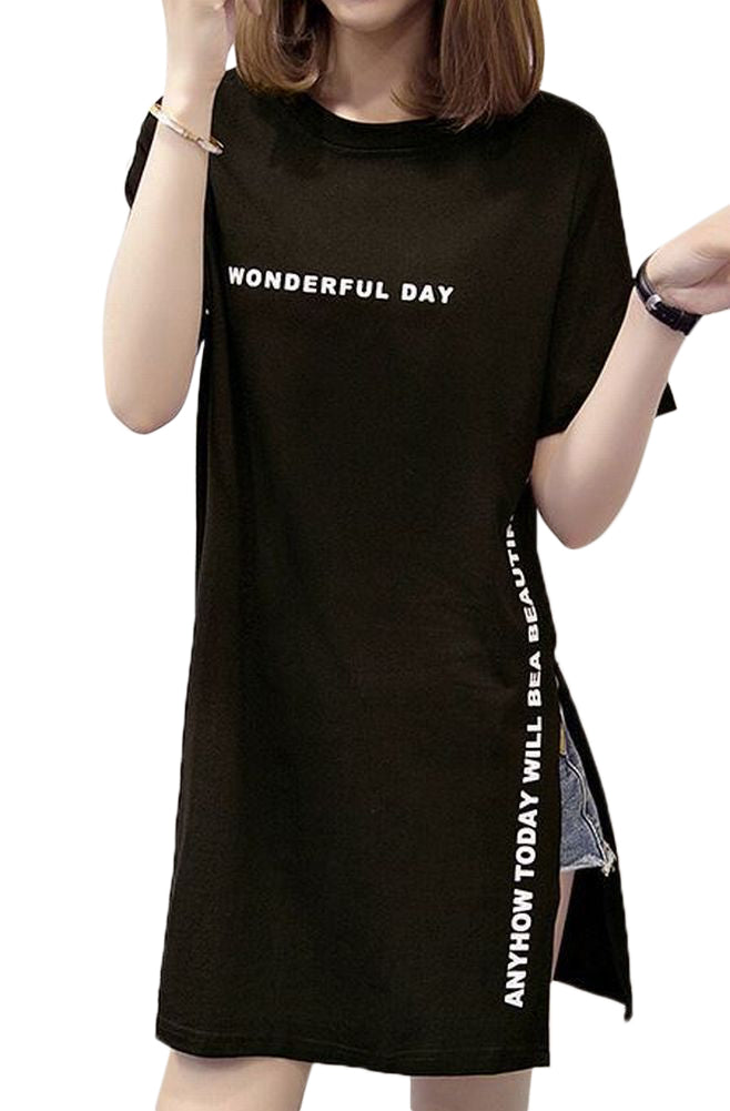 チュニック チュニックワンピ カットソー ワンピース Tシャツ 半袖 レディース トップス 丈長め サイドスリット 丸首 ラウンドネック 英語 英字 プリント ロゴ シンプル カジュアル 個性的 おしゃれ かわいい ブラック 黒 ホワイト 白 女性 デイリー 普段使い 大きいサイズ