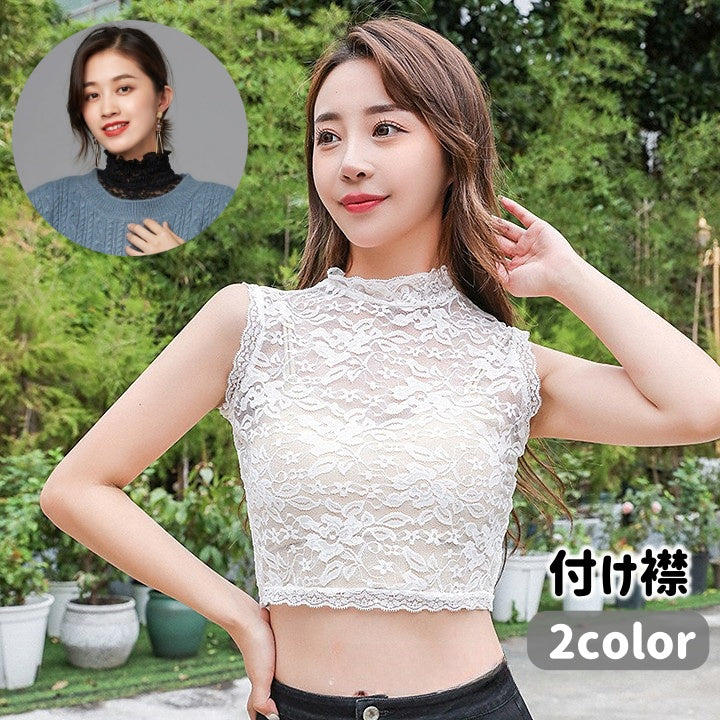 付け襟 つけ襟 レディース 女性用 ハイネック 総レース シースルー 透け感 重ね着風 ノースリーブ おしゃれ 可愛い フェミニン 単色