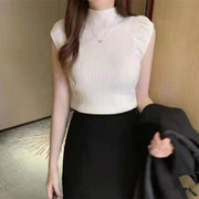 サマーニット レディース 婦人服 トップス ボトルネック ハイネック フレンチスリーブ パフスリーブ ギャザー 無地 シンプル フィット おしゃれ かわいい 上品 エレガント オフィスファッション 通勤