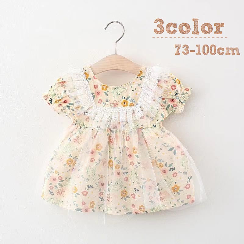 ワンピース Aライン フレア キッズ 子供服 ベビー 赤ちゃん 女の子 半袖 膝丈 花柄 フラワー 総柄 レース チュチュ チュールスカート ラウンドネック 袖ゴム ドレス かわいい ふんわり キュート ガーリー おしゃれ ナチュラル ヘビロテ 通気性 お出かけ 発表会 通園 通学 黄 青 黒