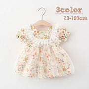 ワンピース Aライン フレア キッズ 子供服 ベビー 赤ちゃん 女の子 半袖 膝丈 花柄 フラワー 総柄 レース チュチュ チュールスカート ラウンドネック 袖ゴム ドレス かわいい ふんわり キュート ガーリー おしゃれ ナチュラル ヘビロテ 通気性 お出かけ 発表会 通園 通学 黄 青 黒