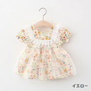 ワンピース Aライン フレア キッズ 子供服 ベビー 赤ちゃん 女の子 半袖 膝丈 花柄 フラワー 総柄 レース チュチュ チュールスカート ラウンドネック 袖ゴム ドレス かわいい ふんわり キュート ガーリー おしゃれ ナチュラル ヘビロテ 通気性 お出かけ 発表会 通園 通学 黄 青 黒