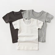 Tシャツ キッズ ジュニア ベビー 男の子 女の子 子供用 トップス プルオーバー 半袖 ラウンドネック 丸首 無地 単色 ホワイト 白 シンプル カジュアル 普段着 グレー ブルー 着まわし力