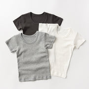 Tシャツ キッズ ジュニア ベビー 男の子 女の子 子供用 トップス プルオーバー 半袖 ラウンドネック 丸首 無地 単色 ホワイト 白 シンプル カジュアル 普段着 グレー ブルー 着まわし力