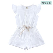 オールインワン ツナギ 半袖 フリル袖 前ボタン 半ズボン ショートパンツ キッズ ベビー 子供服 女の子 おしゃれ かわいい ウエストゴム 紐 クリアボタン サイドポケット おめかし キュート 単色 無地