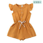 オールインワン ツナギ 半袖 フリル袖 前ボタン 半ズボン ショートパンツ キッズ ベビー 子供服 女の子 おしゃれ かわいい ウエストゴム 紐 クリアボタン サイドポケット おめかし キュート 単色 無地