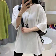 チュニック レディース 7分袖カットソー ビッグTシャツ ラウンドネック ドロップショルダー 無地 ゆったり体型カバー スリット