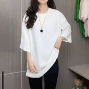 チュニック レディース 7分袖カットソー ビッグTシャツ ラウンドネック ドロップショルダー 無地 ゆったり体型カバー スリット