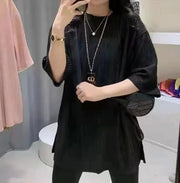 チュニック レディース 7分袖カットソー ビッグTシャツ ラウンドネック ドロップショルダー 無地 ゆったり体型カバー スリット