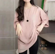 チュニック レディース 7分袖カットソー ビッグTシャツ ラウンドネック ドロップショルダー 無地 ゆったり体型カバー スリット