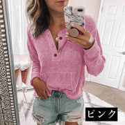 カットソー レディース トップス 長袖 リブ Tシャツ ボタン Vネック ポケット 無地 シンプル カラバリ豊富 カジュアル おしゃれ 女性 婦人