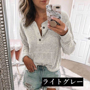 カットソー レディース トップス 長袖 リブ Tシャツ ボタン Vネック ポケット 無地 シンプル カラバリ豊富 カジュアル おしゃれ 女性 婦人