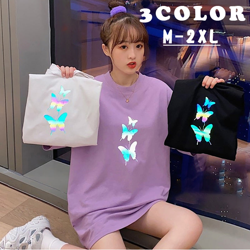 レディース ファッション Tシャツ 五分袖 半袖 バタフライ プリント 蝶 ロング丈 大きめ ゆったり カジュアル シンプル おしゃれ 黒 白 紫 夏 女性 レディース