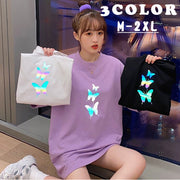 レディース ファッション Tシャツ 五分袖 半袖 バタフライ プリント 蝶 ロング丈 大きめ ゆったり カジュアル シンプル おしゃれ 黒 白 紫 夏 女性 レディース