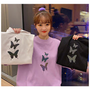 レディース ファッション Tシャツ 五分袖 半袖 バタフライ プリント 蝶 ロング丈 大きめ ゆったり カジュアル シンプル おしゃれ 黒 白 紫 夏 女性 レディース