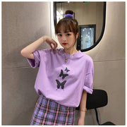 レディース ファッション Tシャツ 五分袖 半袖 バタフライ プリント 蝶 ロング丈 大きめ ゆったり カジュアル シンプル おしゃれ 黒 白 紫 夏 女性 レディース