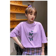 レディース ファッション Tシャツ 五分袖 半袖 バタフライ プリント 蝶 ロング丈 大きめ ゆったり カジュアル シンプル おしゃれ 黒 白 紫 夏 女性 レディース