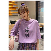 レディース ファッション Tシャツ 五分袖 半袖 バタフライ プリント 蝶 ロング丈 大きめ ゆったり カジュアル シンプル おしゃれ 黒 白 紫 夏 女性 レディース