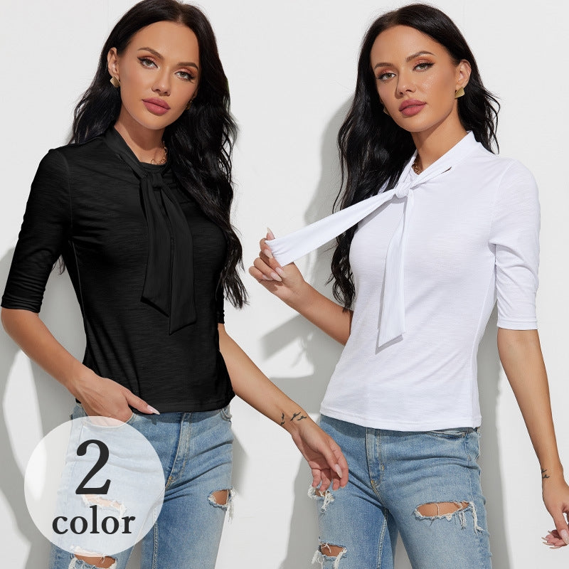 カットソー 5分袖 ボウタイ タイト スリム Tシャツ トップス レディース 女性 婦人服 無地 単色 シンプル おしゃれ かわいい