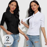 カットソー 5分袖 ボウタイ タイト スリム Tシャツ トップス レディース 女性 婦人服 無地 単色 シンプル おしゃれ かわいい