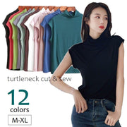 カットソー タートルネック トップス レディース 無地 オフタートル ハイネック フレンチ ノースリーブ Tシャツ ゆったり カジュアル 春夏 ホワイト ブラック ブルー ブラウン