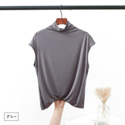 カットソー タートルネック トップス レディース 無地 オフタートル ハイネック フレンチ ノースリーブ Tシャツ ゆったり カジュアル 春夏 ホワイト ブラック ブルー ブラウン