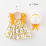 ワンピース 帽子付き 子供服 ベビー キッズ 赤ちゃん 女の子 ノースリーブ 袖なし フリル袖 ギャザー フレア フラワープリント 花柄 リボン かわいい おしゃれ お出かけ