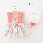ワンピース 帽子付き 子供服 ベビー キッズ 赤ちゃん 女の子 ノースリーブ 袖なし フリル袖 ギャザー フレア フラワープリント 花柄 リボン かわいい おしゃれ お出かけ