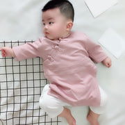 カバーオール ロンパース 長袖 半袖 長ズボン ベビー 赤ちゃん 男の子 女の子 チャイナ風 中華 マオカラー スタンドカラー チャイナボタン カンフー服風 無地 股ボタン 前開き 前ボタン シンプル カジュアル