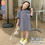 ワンピース Tシャツワンピース キッズ ベビー 子供 女の子 半袖 膝丈 クルーネック ドロップショルダー バルーンスリーブ ボーダー柄 カジュアル ゆるっとシルエット ゆったり お洒落 お出かけ 普段使い 子供服 女児