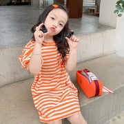 ワンピース Tシャツワンピース キッズ ベビー 子供 女の子 半袖 膝丈 クルーネック ドロップショルダー バルーンスリーブ ボーダー柄 カジュアル ゆるっとシルエット ゆったり お洒落 お出かけ 普段使い 子供服 女児