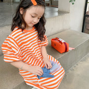 ワンピース Tシャツワンピース キッズ ベビー 子供 女の子 半袖 膝丈 クルーネック ドロップショルダー バルーンスリーブ ボーダー柄 カジュアル ゆるっとシルエット ゆったり お洒落 お出かけ 普段使い 子供服 女児
