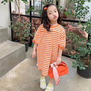 ワンピース Tシャツワンピース キッズ ベビー 子供 女の子 半袖 膝丈 クルーネック ドロップショルダー バルーンスリーブ ボーダー柄 カジュアル ゆるっとシルエット ゆったり お洒落 お出かけ 普段使い 子供服 女児