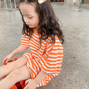 ワンピース Tシャツワンピース キッズ ベビー 子供 女の子 半袖 膝丈 クルーネック ドロップショルダー バルーンスリーブ ボーダー柄 カジュアル ゆるっとシルエット ゆったり お洒落 お出かけ 普段使い 子供服 女児