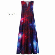 ワンピース ドレス ノースリーブ 袖なし Aライン フレア マキシ丈 ロング レディース ゆったり 体型カバー ハイウエスト Vネック オープンフロントネック プルオーバー 総柄 プリント 宇宙 星空 カジュアル シンプル おしゃれ かわいい 大人可愛い 上品 女性 女子 ガールズ 婦人 おとな 大人用 お出掛け 外出 お呼ばれ おめかし パーティー インスタ映え 記念写真