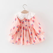 ワンピース 長袖 ミニ丈 ひざ上 ポシェット風 飾り付き 襟付き イチゴプリント 子供服 ベビー キッズ 女の子 かわいい キュート キツネ ピーターパンカラー おしゃれ フレアスカート お出かけ 子ども