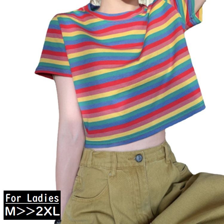 Tシャツ 半袖 ショート丈 レディース 大きいサイズ カットソー へそ出し ボーダー柄 カラフル クルーネック 春夏 おしゃれ