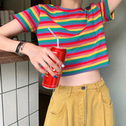Tシャツ 半袖 ショート丈 レディース 大きいサイズ カットソー へそ出し ボーダー柄 カラフル クルーネック 春夏 おしゃれ
