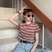 Tシャツ 半袖 ショート丈 レディース 大きいサイズ カットソー へそ出し ボーダー柄 カラフル クルーネック 春夏 おしゃれ