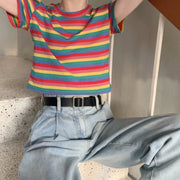 Tシャツ 半袖 ショート丈 レディース 大きいサイズ カットソー へそ出し ボーダー柄 カラフル クルーネック 春夏 おしゃれ