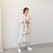 シャツワンピース フィッシュテール レディース Vネック ミモレ丈 半袖 ティアードスリーブ ナチュラル シンプル カジュアル