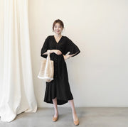 シャツワンピース フィッシュテール レディース Vネック ミモレ丈 半袖 ティアードスリーブ ナチュラル シンプル カジュアル