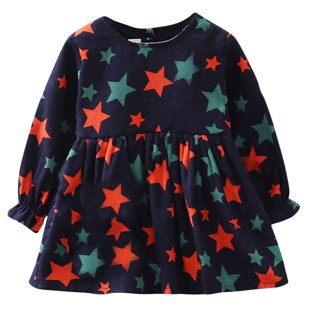 ワンピース 長袖 子供服 子供 キッズ ベビー 女の子 ラウンドネック 柄 花柄 星 フレアスカート スカート かわいい 可愛い おしゃれ 子ども 赤ちゃん 幼児 女児 ガール