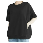 カットソー Tシャツ 5分袖 半袖 レディース トップス プルオーバー ラウンドネック ポケット付き ゆったり 無地 シンプル カジュアル
