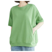 カットソー Tシャツ 5分袖 半袖 レディース トップス プルオーバー ラウンドネック ポケット付き ゆったり 無地 シンプル カジュアル