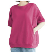 カットソー Tシャツ 5分袖 半袖 レディース トップス プルオーバー ラウンドネック ポケット付き ゆったり 無地 シンプル カジュアル
